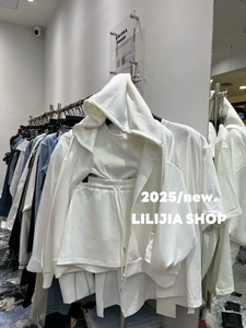Miss家 2025春季新款慵懒白色连帽休闲卫衣套装女高腰短裙两件套