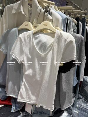Miss家 2026新款韩版时尚百搭显瘦V领短袖T恤女打底衫简约上衣