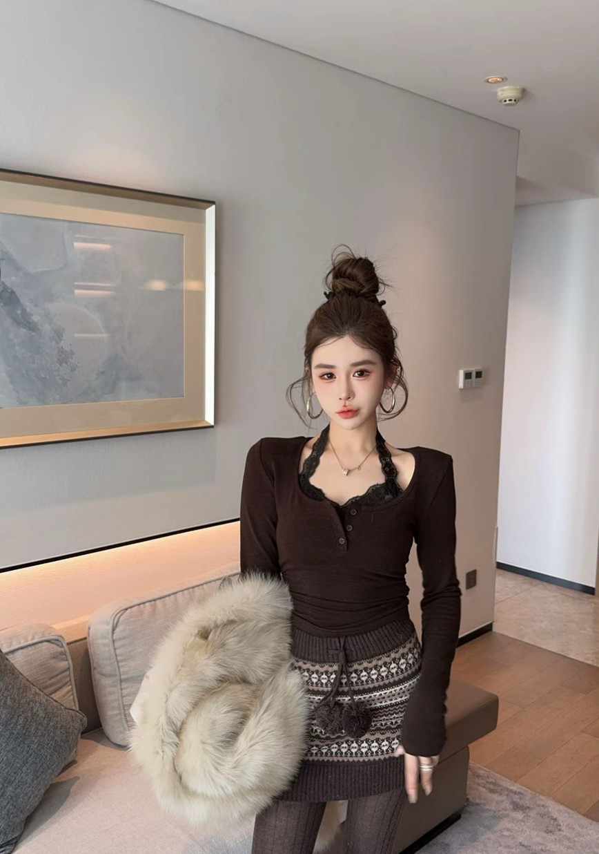 Miss家 2025冬纯欲小心机挂脖内搭T恤女修身加绒假两件蕾丝上衣,女装/女士精品,T恤,淘宝优惠券,粉丝福利购,淘宝优惠卷