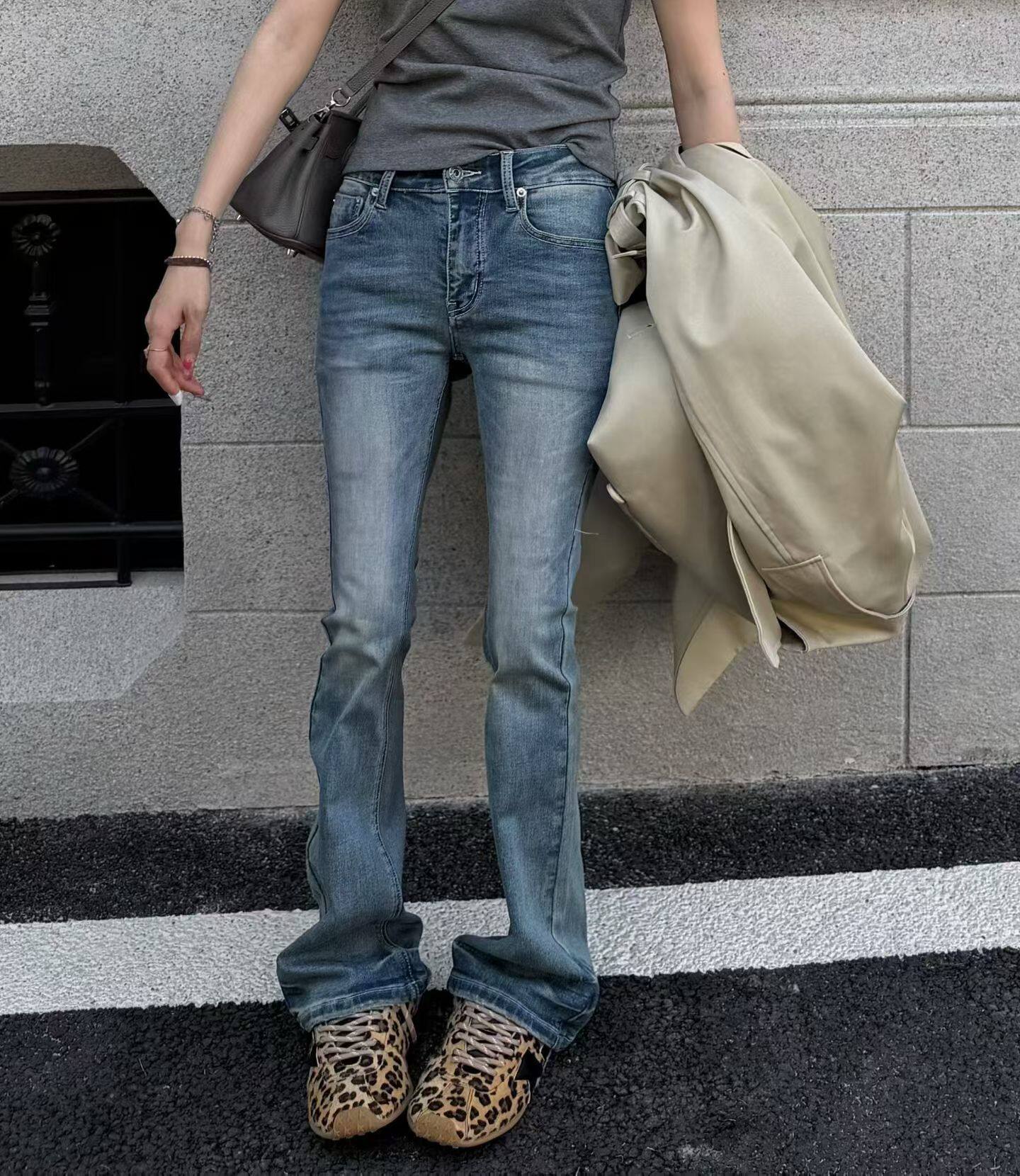 Miss家2026春季新款韩版时尚百搭高腰显瘦微喇牛仔裤修身显瘦长裤