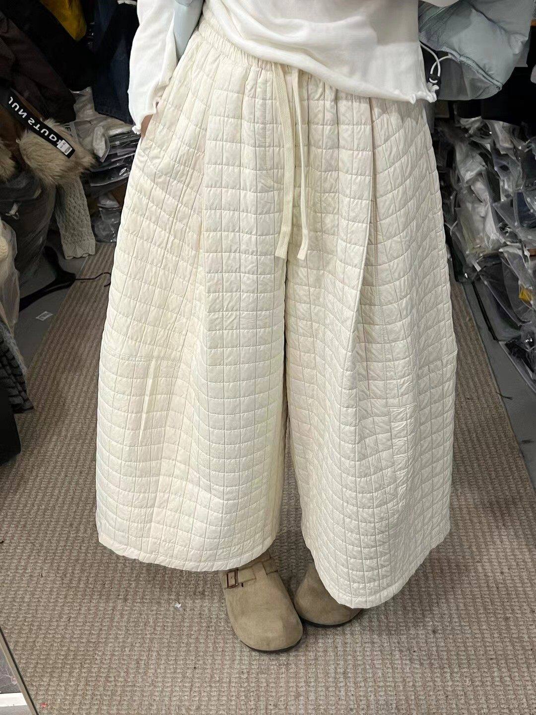 【五折】韩系夹棉格纹阔腿裤女冬2025新款小个子宽松慵懒风休闲裤