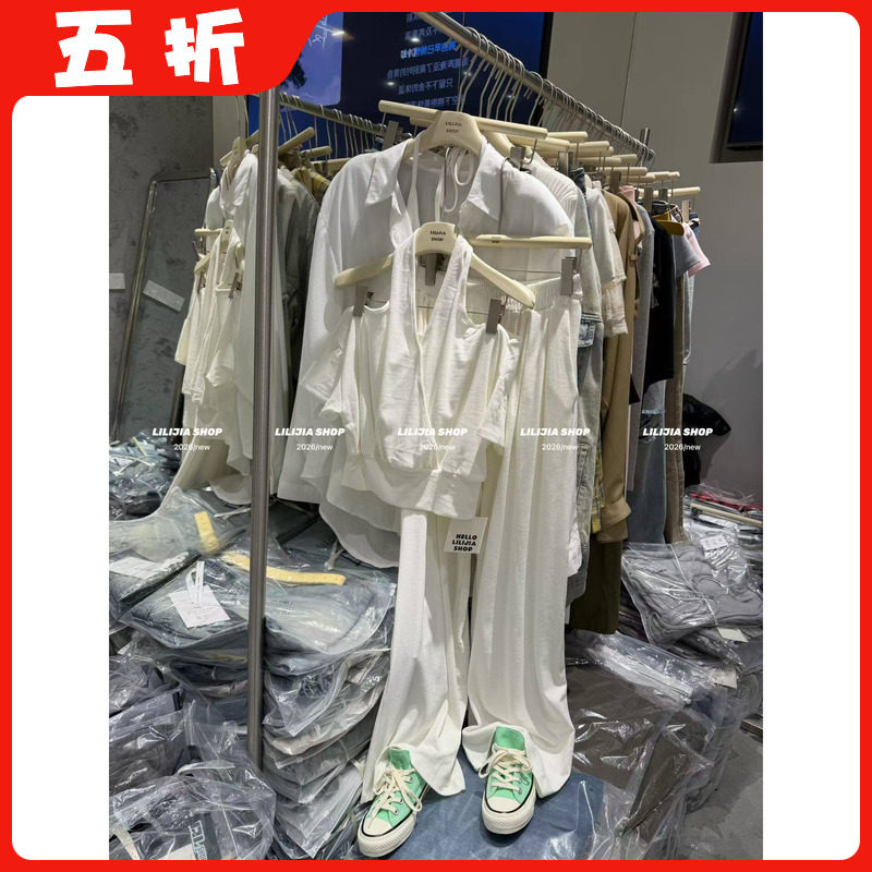 【五折】26新款韩版时尚百搭白色短袖挂脖漏肩上衣+休闲裤套装女
