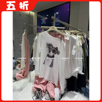 【五折】26春季新款韩版时尚百搭宽松显瘦小狗印花漏肩长袖T恤女