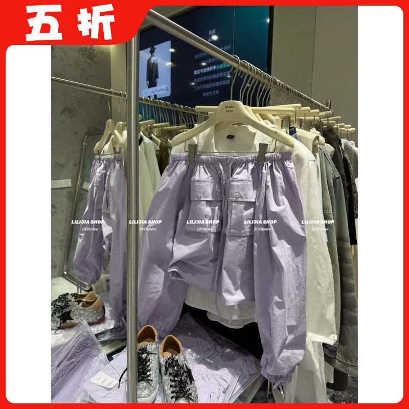 【五折】26韩国东大门韩版百搭宽松显瘦设计感露肩短款香芋紫衬衫