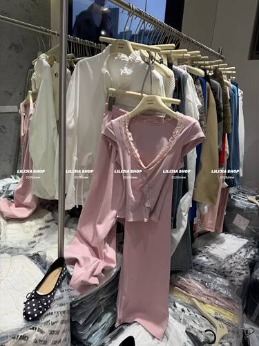 Miss家 2026夏季新款韩版时尚百搭显瘦短袖T恤+粉色休闲裤套装女