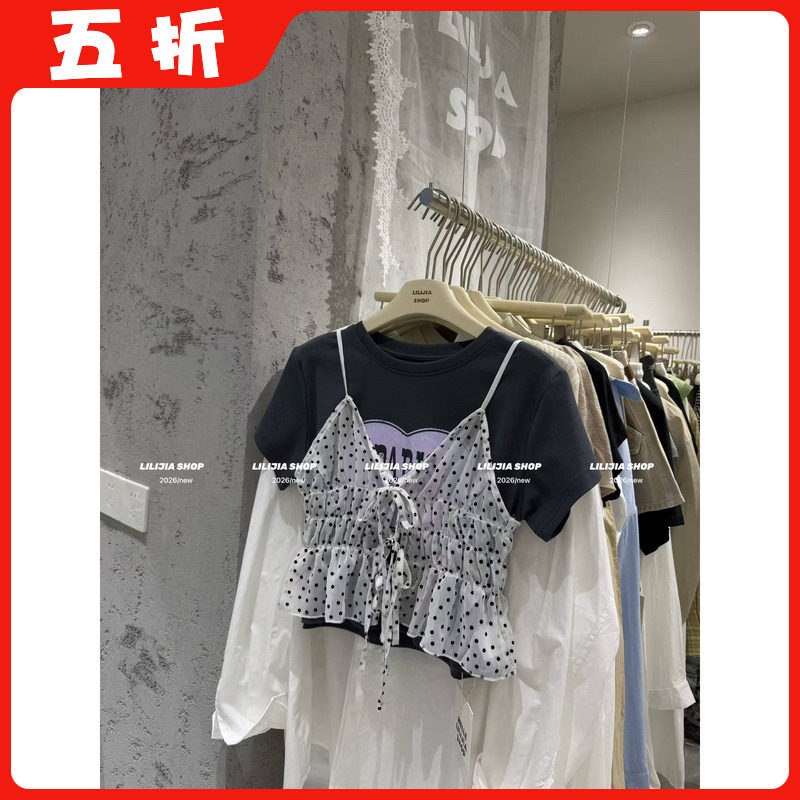 【五折】26夏季新款韩版时尚百搭显瘦波点吊带+圆领短袖T恤两件套