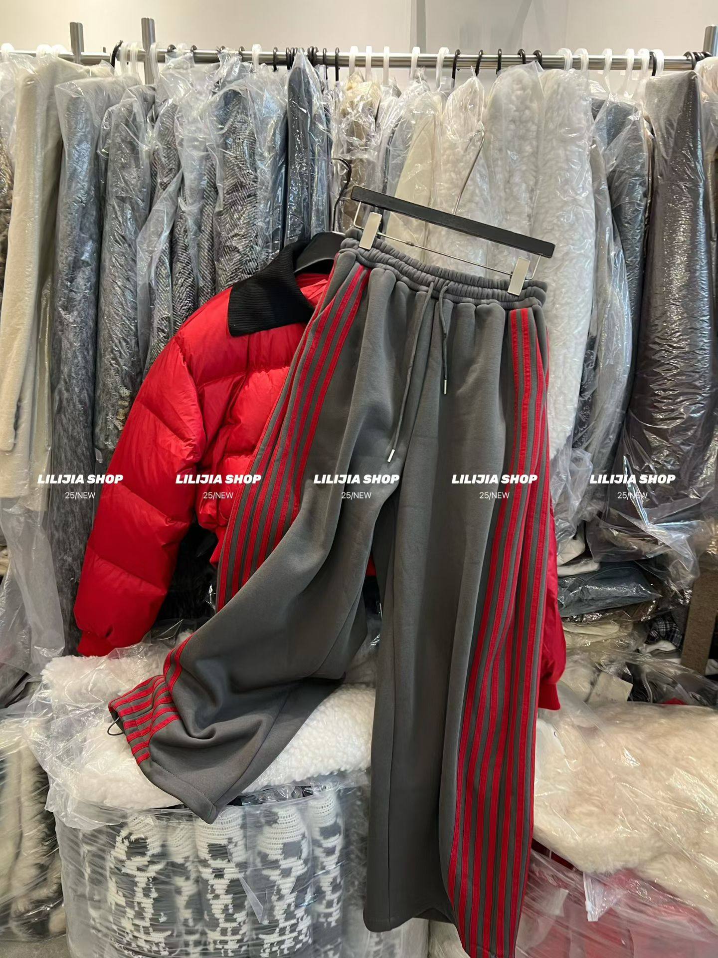 Miss家 2025春季新款美式复古多条杠休闲裤女高腰显瘦直筒阔腿裤,女装/女士精品,休闲裤,淘宝优惠券,粉丝福利购,淘宝优惠卷