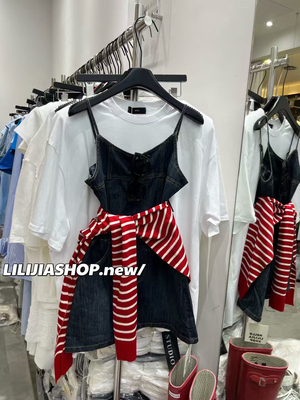 Miss家 2025夏韩版时尚百搭深蓝色显瘦牛仔吊带裙条纹披肩两件套