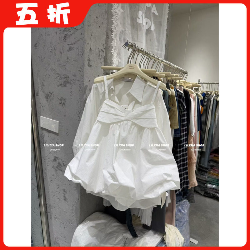 【五折】花苞白色法式绝美吊带韩版小上衣女叠穿吊带裙子