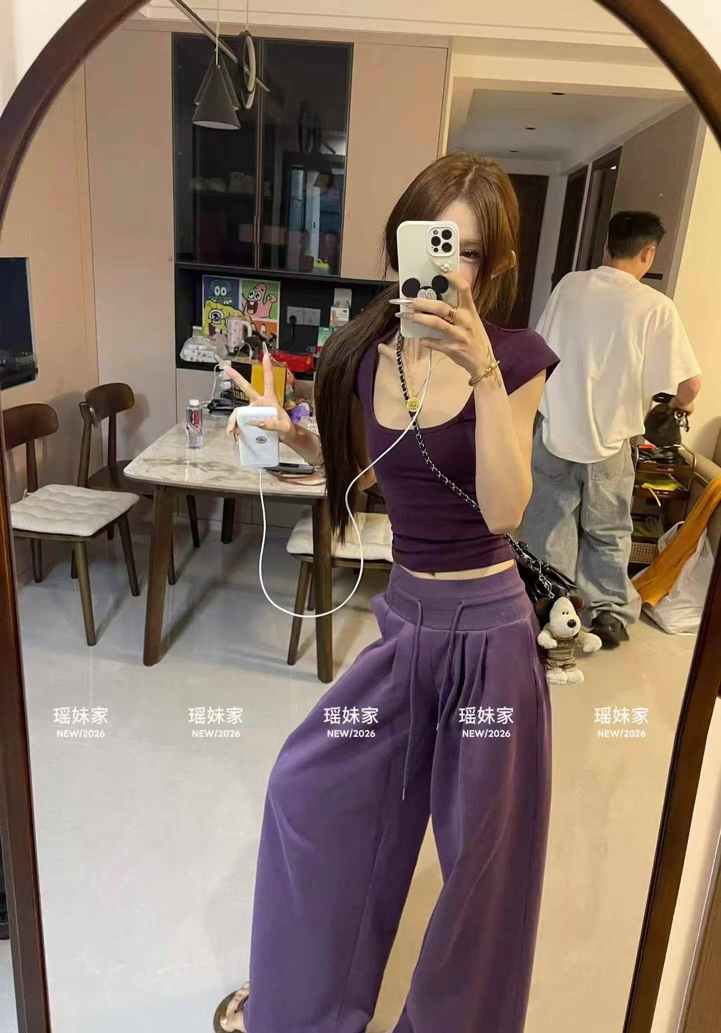 Miss家 紫色短袖T恤阔腿裤运动套装女夏季宽松显瘦休闲两件套潮