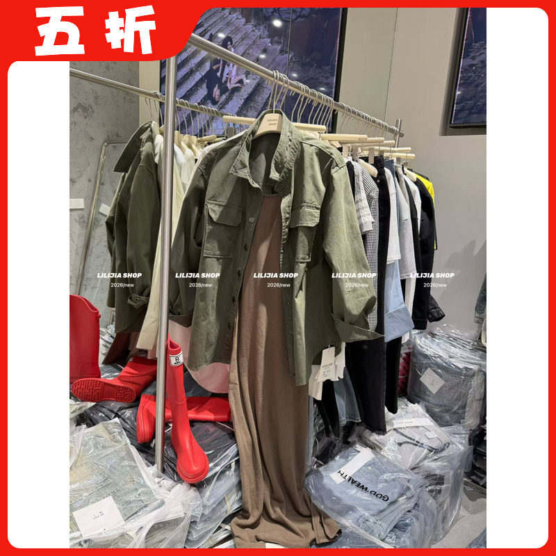 【五折】26新款韩版时尚百搭显瘦翻领长袖衬衫+背心连衣裙两件套