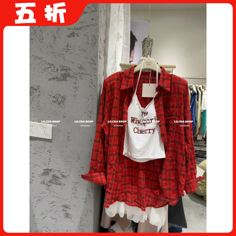 【五折】26夏季新款韩版时尚百搭宽松显瘦格子衬衫+吊带两件套女