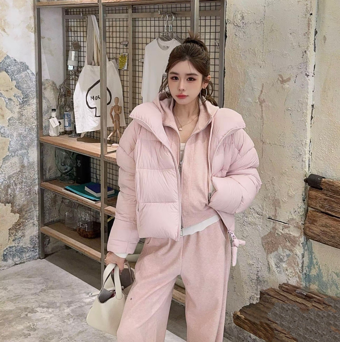 Miss家 韩版连帽卫衣女套装2025冬松紧高腰显瘦阔腿裤长裤