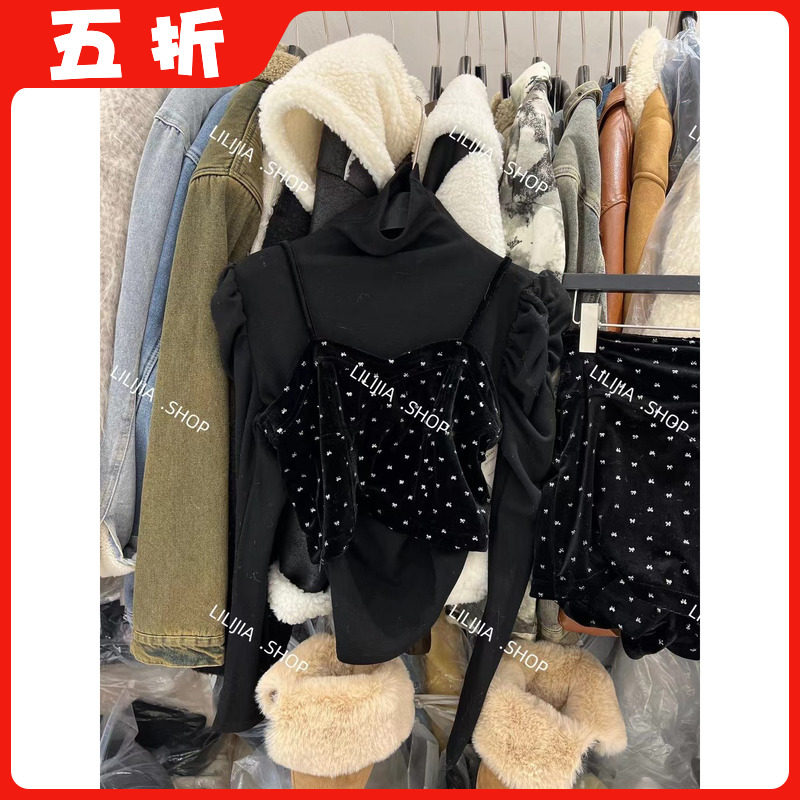 【五折】韩版高领泡泡袖加绒T恤女烫钻吊带背心套装裙时尚两件套,女装/女士精品,时尚套装,淘宝优惠券,粉丝福利购,淘宝优惠卷