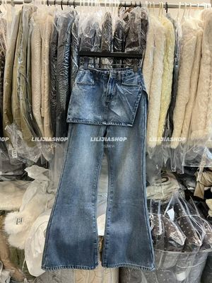 Miss家 2025秋冬韩版时尚百搭宽松显瘦假两件高腰腰封微喇牛仔裤