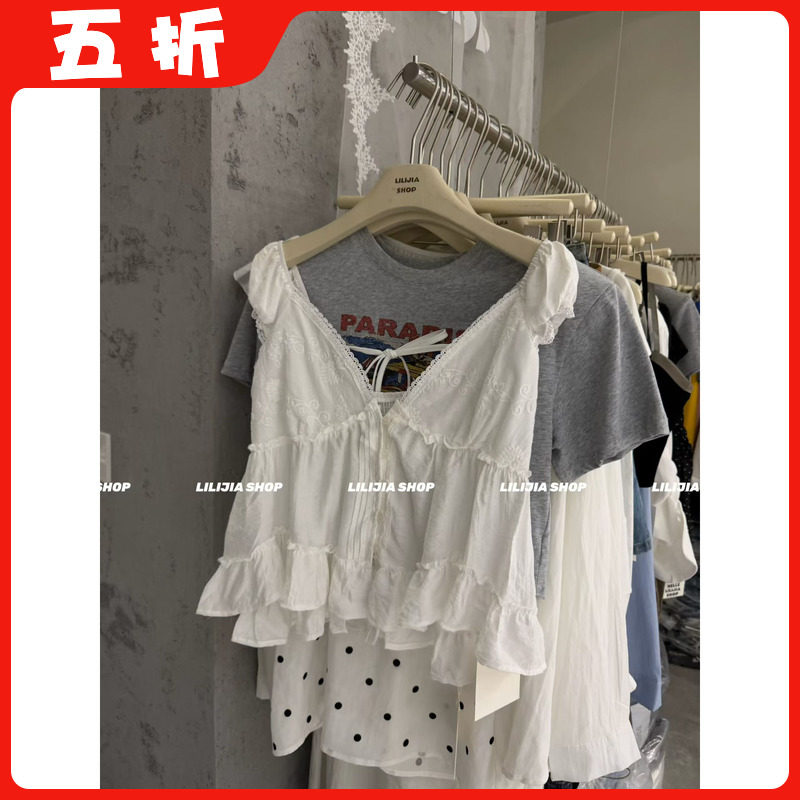 【五折】2026夏季纯欲蕾丝V领荷叶边下摆娃娃衫漂亮短袖小衬衫女
