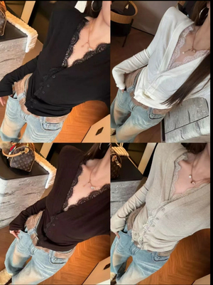 Miss家 韩版高级感洋气气质修身显瘦百搭长袖V领蕾丝边打底衫上衣