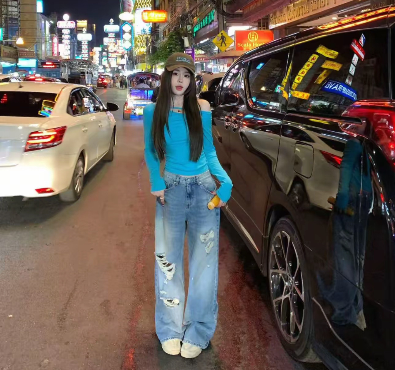 Miss家 美式复古破洞牛仔裤女2026春新款宽松显瘦直筒阔腿裤