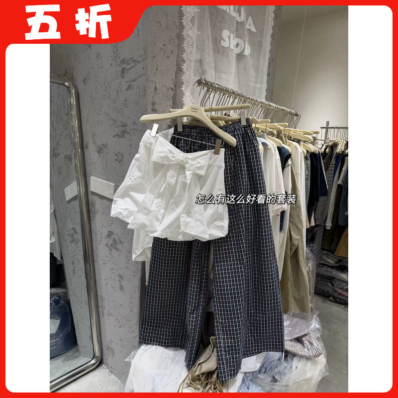 【五折】26夏季韩版时尚宽松显瘦设计感小众抹胸上衣+格子裤套装