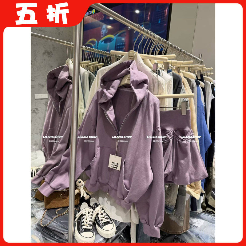 【五折】菲林甜雾紫色连帽拉链短款卫衣外套小个子花苞短裙套装