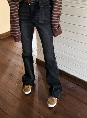 Miss家 黑色高腰微喇叭牛仔裤女春秋2026新款辣妹紧身显瘦拖地裤