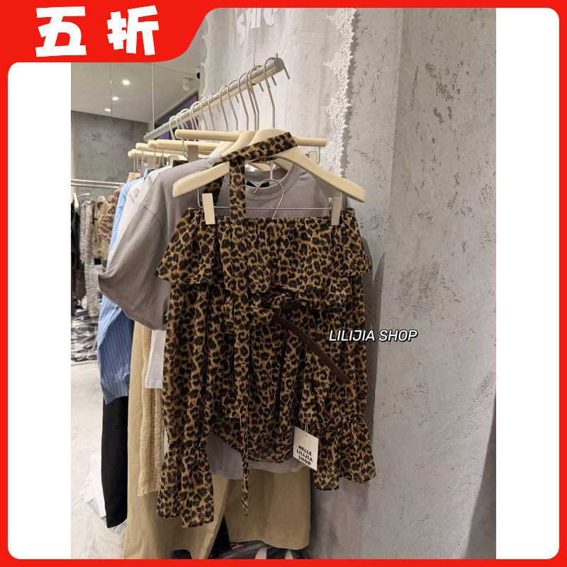 【五折】美式辣妹豹纹荷叶边一字肩长袖衬衫女装秋季显瘦气质上衣