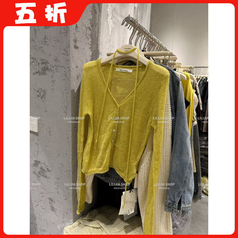 【五折】26秋季新款韩版时尚百搭显瘦V领长袖针织开衫女飘带毛衣