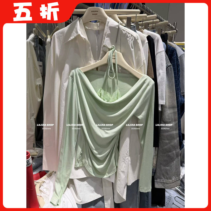 【五折】26新韩版时尚百搭显瘦一字领褶皱收腰假两件挂脖漏肩T恤