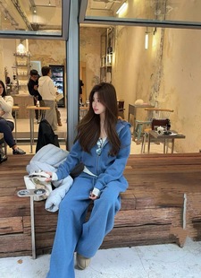 Miss家 2025秋冬新款韩版时尚百搭宽松加厚连帽卫衣阔腿裤套装