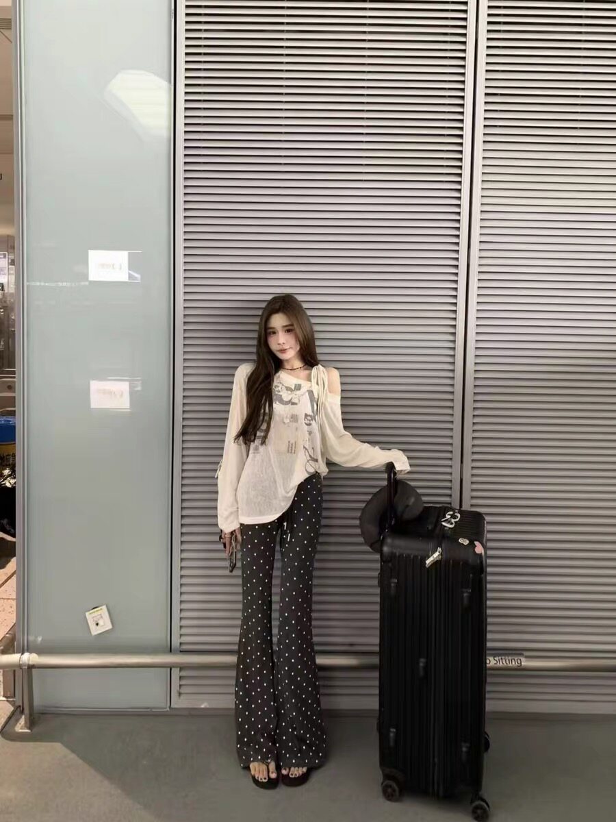 Miss家 微透薄款斜肩露肩长袖T恤女2026夏设计感系带防晒罩衫上衣