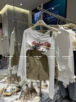 Miss家 2026夏季新款韩版时尚百搭显瘦海岛印花斜肩防晒长袖T恤女