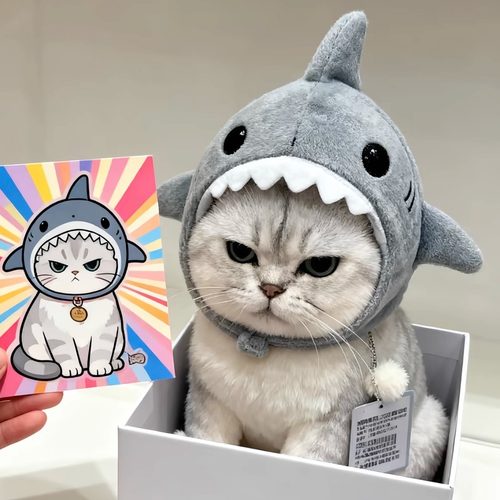 可爱搞怪鲨鱼毛绒头套宠物猫咪小狗头饰品银渐层法斗帽子毛绒玩具