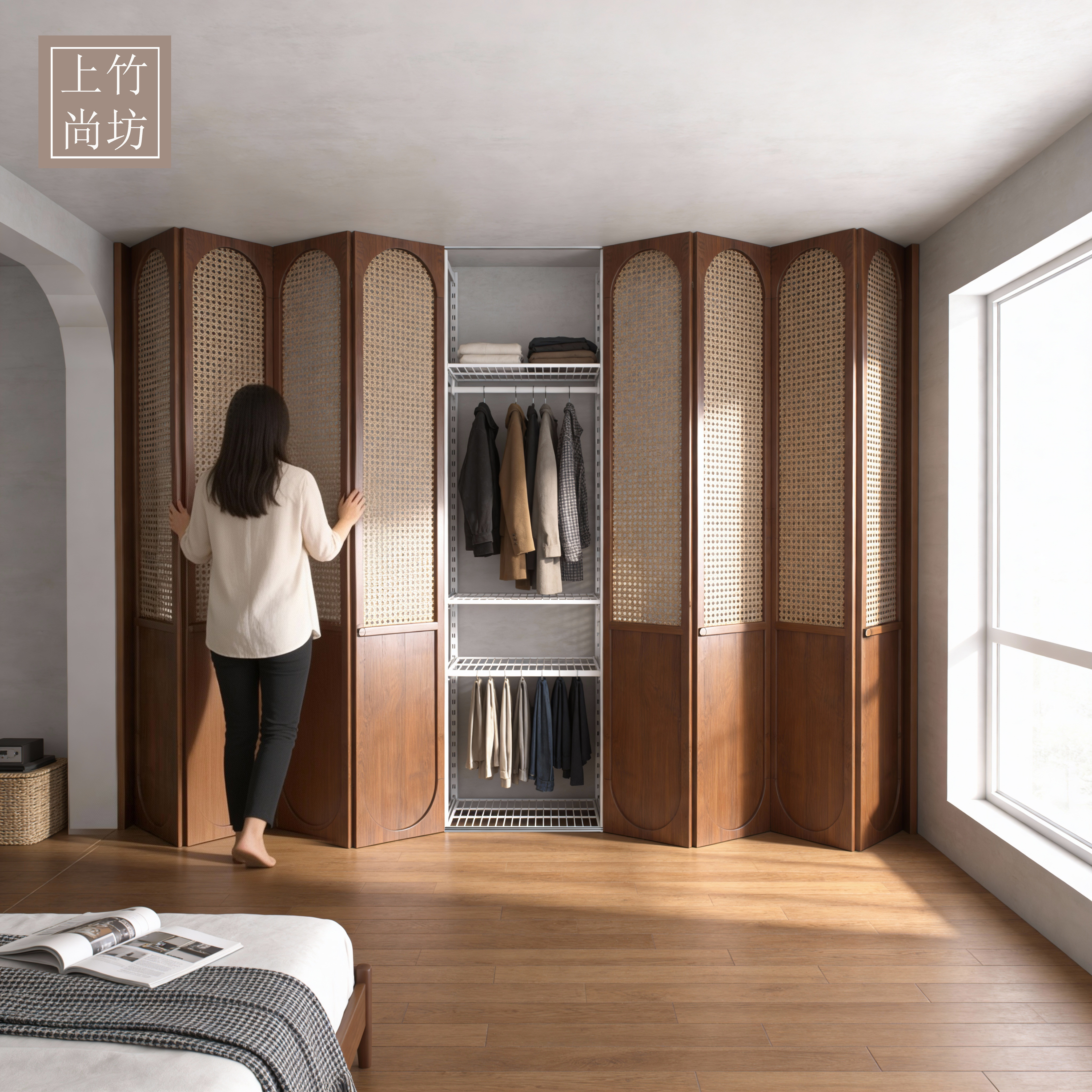 步入式衣柜折叠门无下轨实木法式藤编防尘门板家用卧室中古奶油风,全屋定制,定制推拉门衣柜,淘宝优惠券,粉丝福利购,淘宝优惠卷