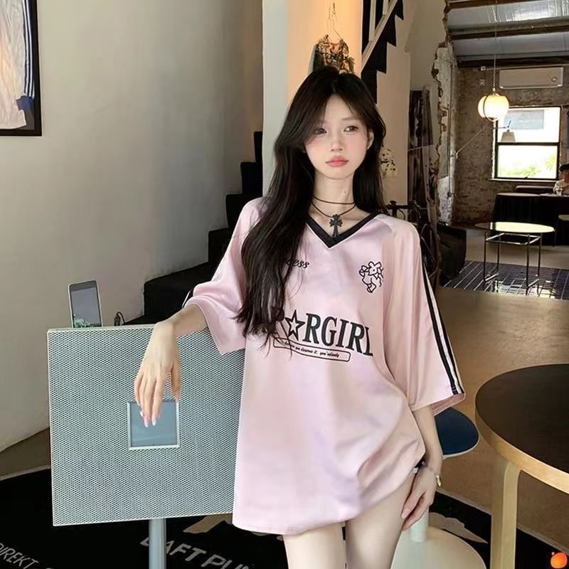 美式复古甜美字母印花短袖T恤女夏季新款休闲时尚百搭V领显瘦上衣