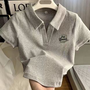 辣妹百搭上衣女ins 2025新款 修身 潮女polo领短袖 t恤女小众显瘦短款