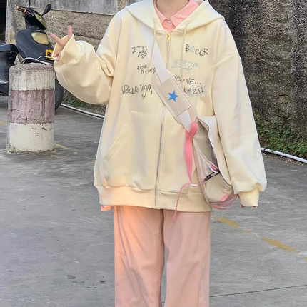 美式复古加绒拉链外套女款秋冬季灰色开衫连帽卫衣oversize帽衫潮