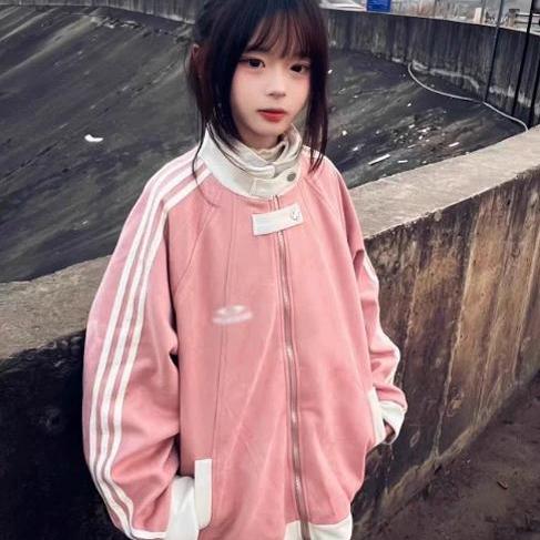美式复古拼接撞色棒球服外套女春秋小个子三条杠条纹情侣夹克上衣