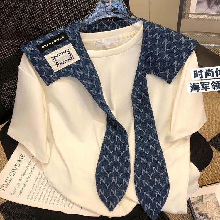 学院风海军领短袖T恤女夏季新款设计感休闲时尚ins圆领宽松上衣潮
