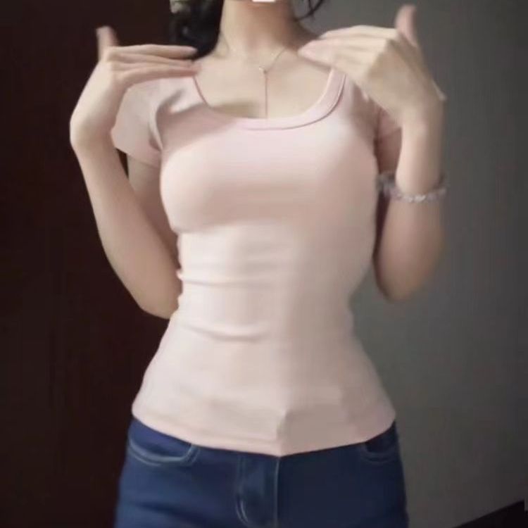 小心机大u领白色短袖t恤女夏季收腰修身显瘦正肩纯欲风上衣体恤潮