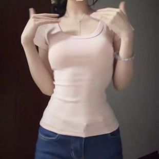 小心机大u领白色短袖 显瘦正肩纯欲风上衣体恤潮 t恤女夏季 收腰修身