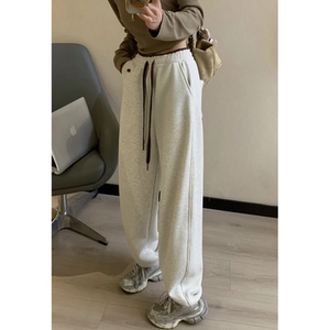 小个子秋冬简约拼色腰头运动加绒束脚卫裤女韩版宽松束脚休闲裤子