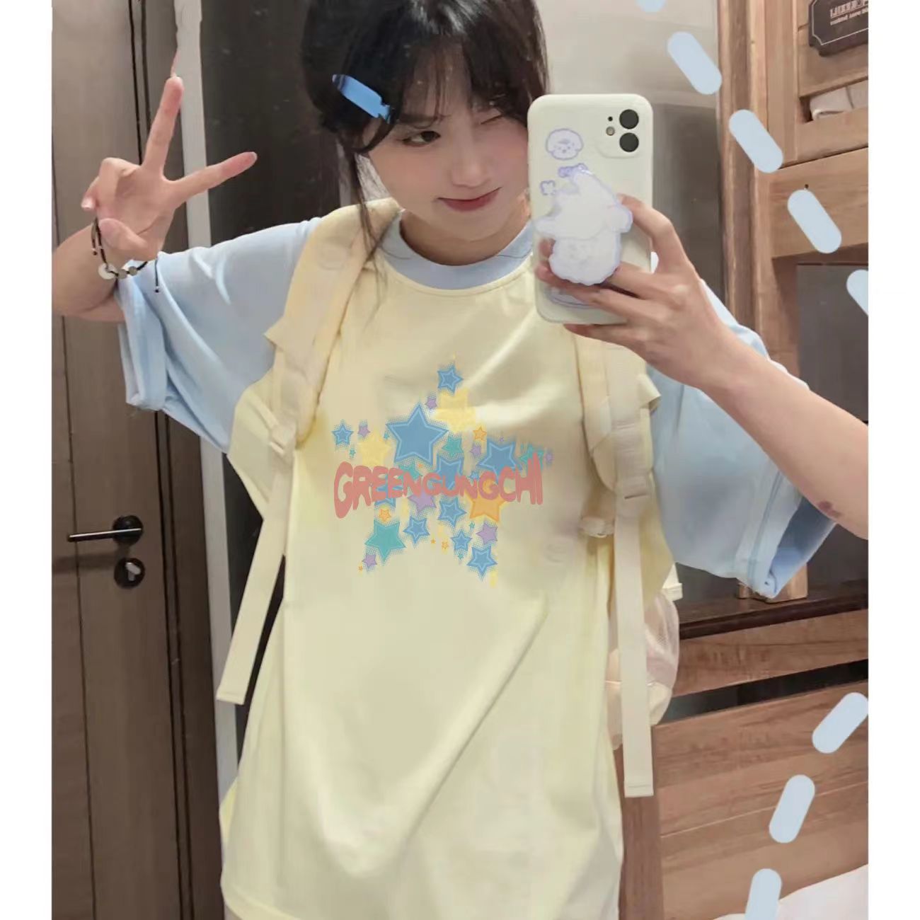 ins日系风可爱拼接插肩袖t恤女学生夏季印花短袖宽松甜美别致上衣