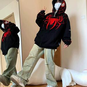 设计感蜘蛛侠连帽卫衣男女2024春秋加绒高街潮牌宽松休闲拉链外套