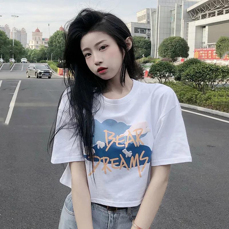 印花发泡宽松t恤女2025夏季新款韩版设计感高腰短款短袖百搭上衣