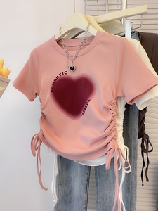 粉色正肩短袖t恤女夏季2023新款修身体恤设计感小个子短款上衣