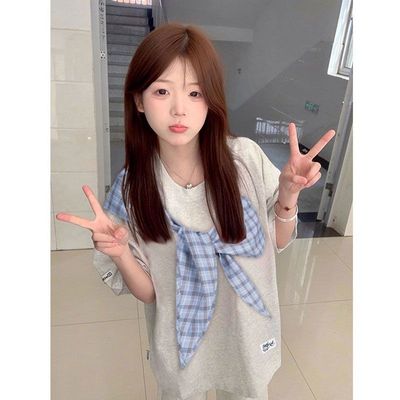 美式蝴蝶结格子绑带短袖T恤女夏季宽松情侣oversize休闲上衣