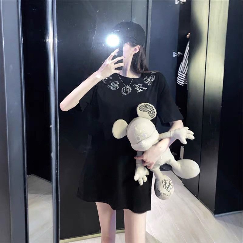 夏季2025新款ins潮短袖t恤女宽松休闲美式印花炸街黑色半袖体恤衫