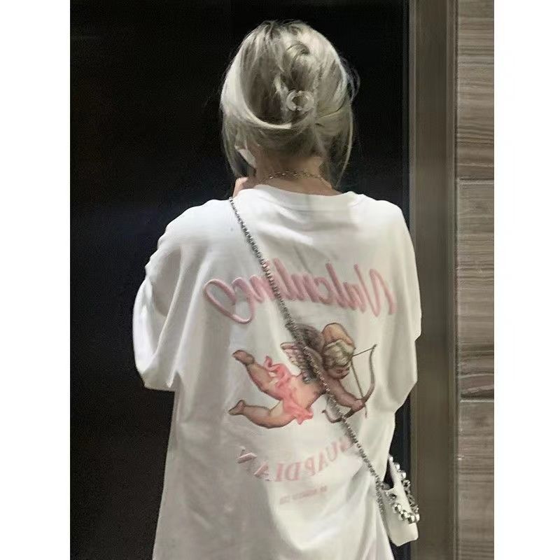 2025夏季新款短袖白色正肩t恤女潮流韩版宽松显瘦洋气百搭上衣潮