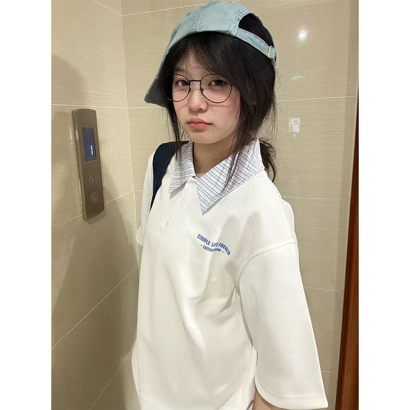 2025新款白色翻领polo衫正肩t恤女夏季短袖学院风设计感上衣休闲