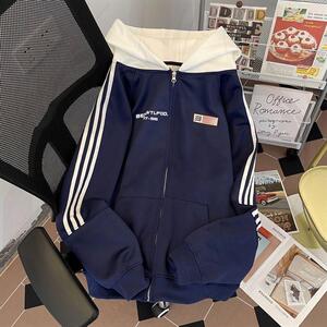 复古拼接三条杠连帽卫衣男女新款2024春秋拉链棒球服开衫夹克外套